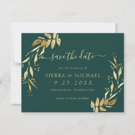 Elegant Emerald Green Golden Foliage Save the Date Kaart