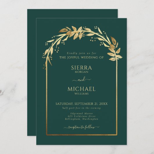 Elegant Emerald Green Golden Foliage Wedding Arch Kaart (Voorkant / Achterkant)