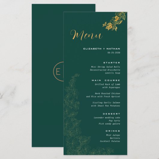 Elegant Emerald Green Golden Foliage Wedding Menu (Voorkant / Achterkant)