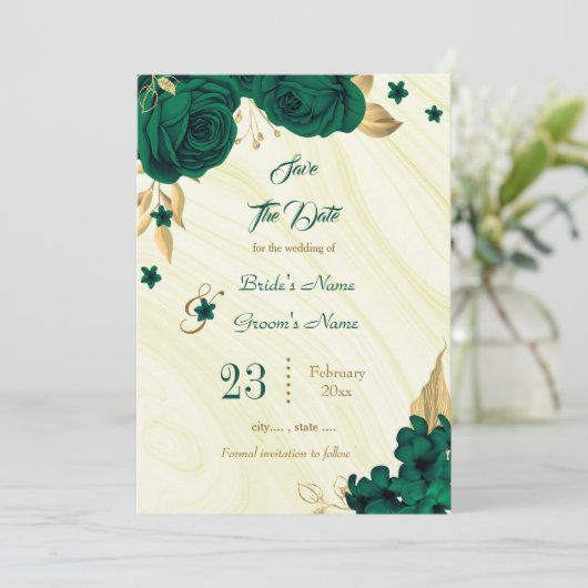 elegant emerald green goudbladeren save the date (Staand voorkant)