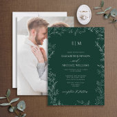 Elegant Emerald Green Leaf Photo Monogram Weddensc Kaart