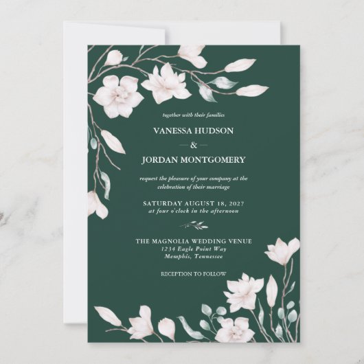 Elegant Emerald Green Magnolia Wedding Kaart (Voorkant)