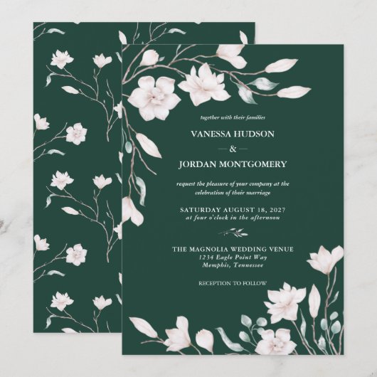 Elegant Emerald Green Magnolia Wedding Kaart (Voorkant / Achterkant)