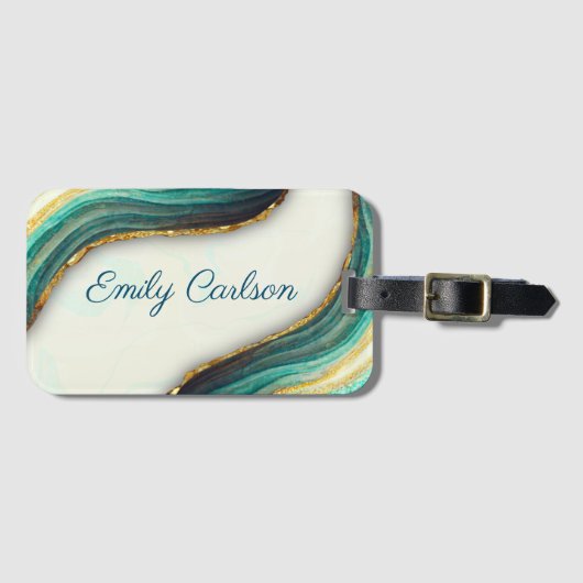 Elegant emerald green marmer faux goud glitter bagagelabel (Voorkant (horizontaal))