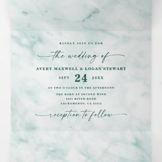 Elegant Emerald Green Metallic Marmer Wedding Drieluik Uitnodiging (Binnenkant midden)