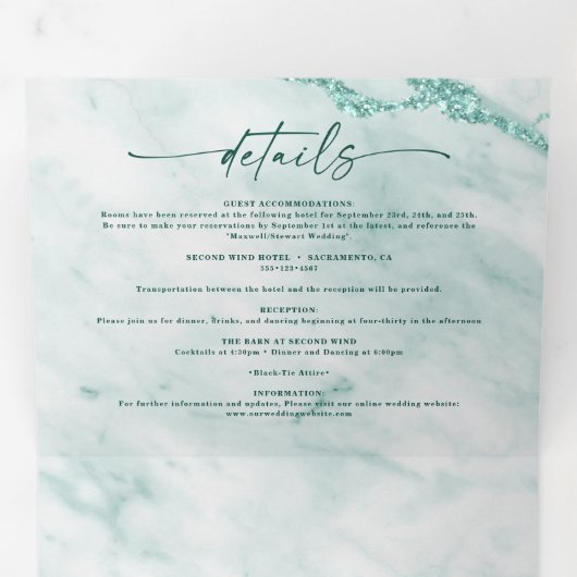 Elegant Emerald Green Metallic Marmer Wedding Drieluik Uitnodiging (Binnenzijde eerst)