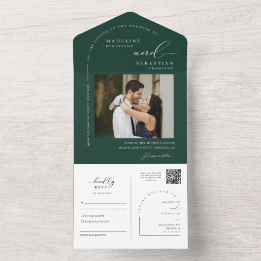 Elegant Emerald Green Minimal Arch QR Code Foto All In One Uitnodiging (Binnen)
