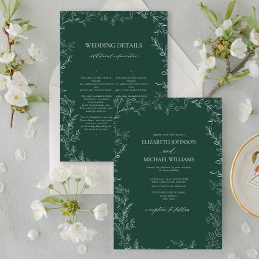 Elegant Emerald Green Minimal Leaf Details Wedding Kaart