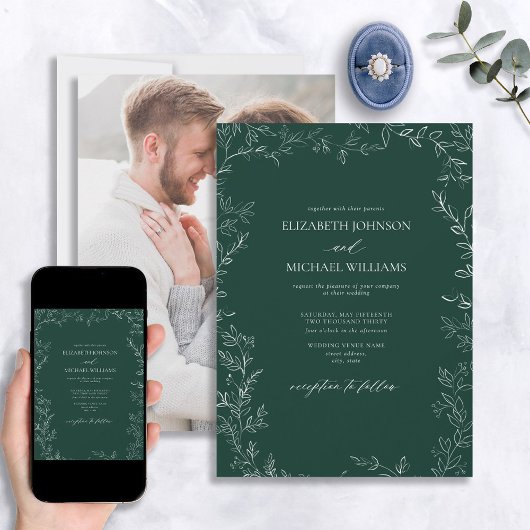 Elegant Emerald Green Minimal Leaf Photo Wedding Kaart