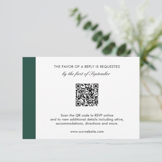 Elegant Emerald Green Modern QR Code Wedding RSVP Kaartje (Staand voorkant)