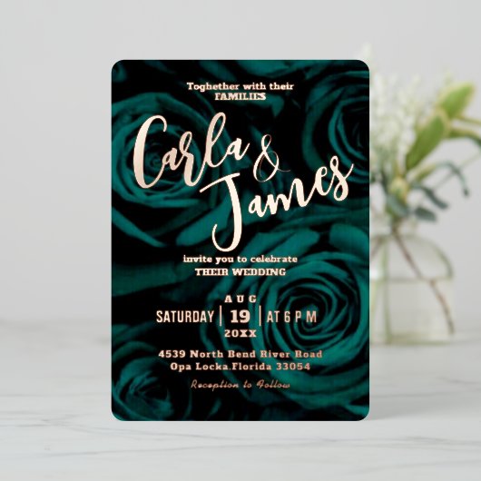 Elegant Emerald Green moderne bruiloft Folie Uitnodiging (Staand Voorkant)