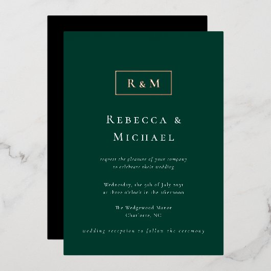 Elegant Emerald Green Monogram Wedding Folie Uitnodiging (Voorkant / Achterkant)