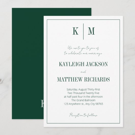 Elegant Emerald Green Monogram Wedding  Kaart (Voorkant / Achterkant)