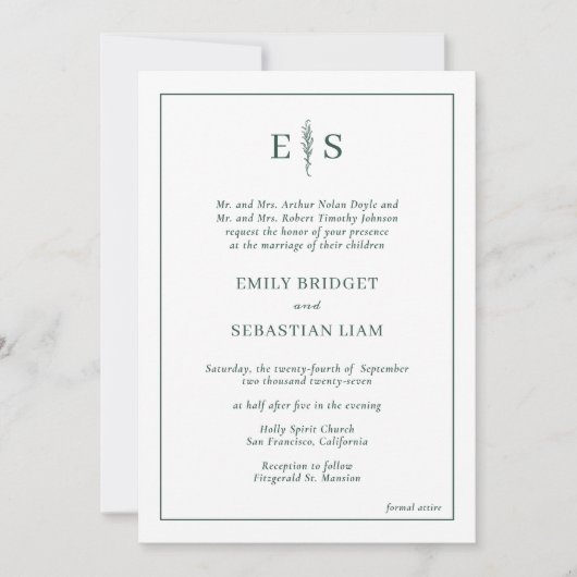 Elegant Emerald Green Monogram Wedding Kaart (Voorkant)