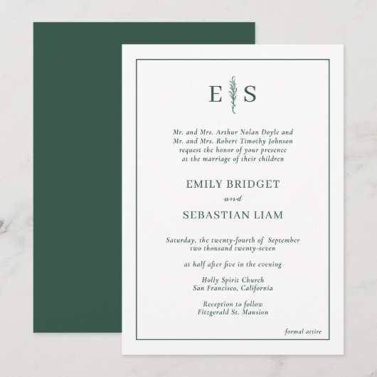 Elegant Emerald Green Monogram Wedding Kaart (Voorkant / Achterkant)