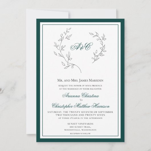 Elegant Emerald Green Monogram Wreath Wedding Kaart (Voorkant)