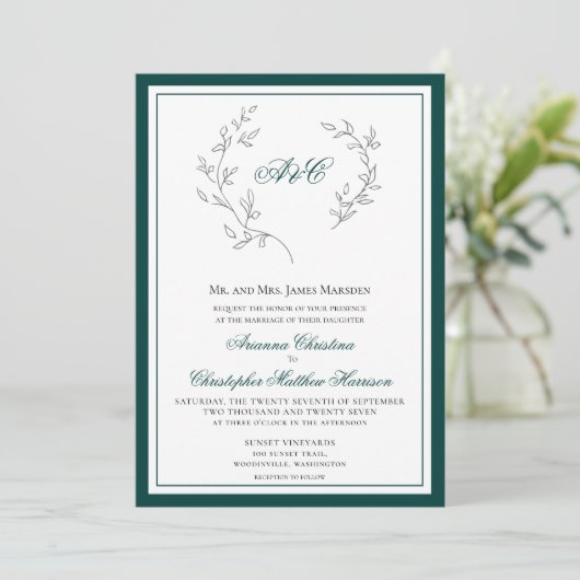 Elegant Emerald Green Monogram Wreath Wedding Kaart (Staand voorkant)