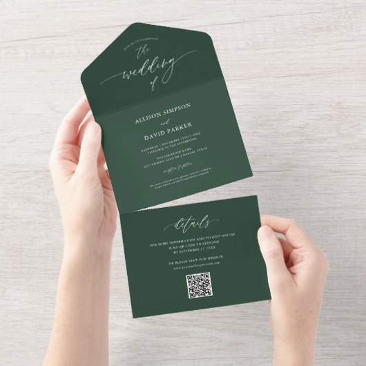 Elegant Emerald Green QR Wedding All In One Uitnodiging (Afscheurbaar)