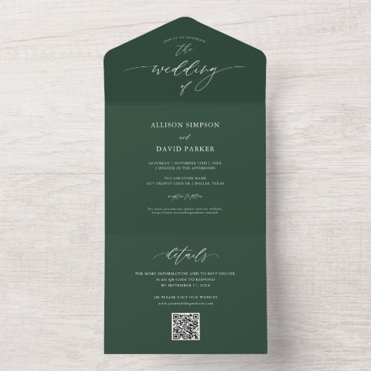 Elegant Emerald Green QR Wedding All In One Uitnodiging (Binnen)