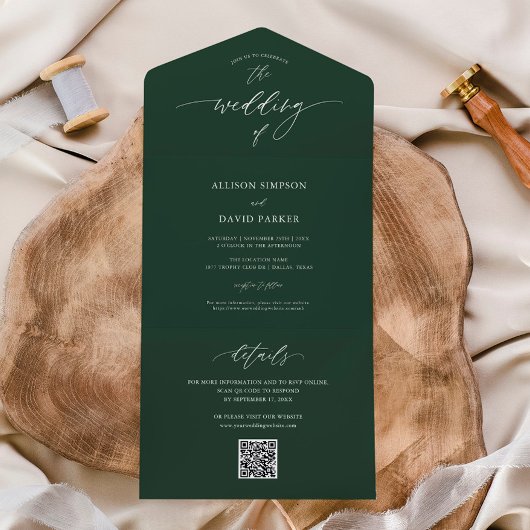 Elegant Emerald Green QR Wedding All In One Uitnodiging
