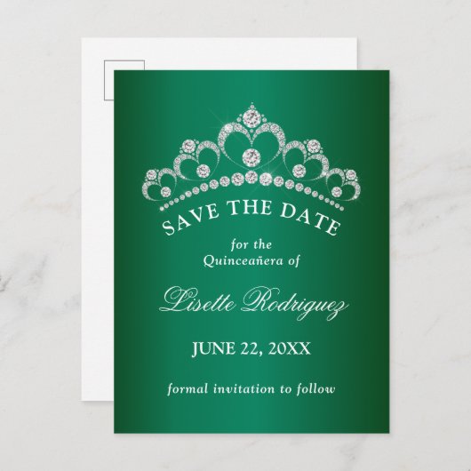 Elegant Emerald Green Quinceanera bewaar de datum Briefkaart (Voorkant / Achterkant)