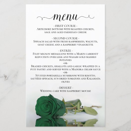 Elegant Emerald Green Roos Budget Wedding Menu (Voorkant)