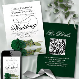 Elegant Emerald Green Roos Fancy QR Code Weddensch Kaart