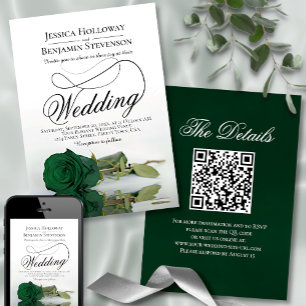 Elegant Emerald Green Roos Fancy QR Code Weddensch Kaart