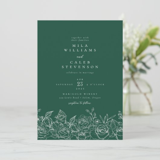 Elegant Emerald Green Roos Floral Wedding Invitati Kaart (Staand voorkant)