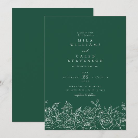 Elegant Emerald Green Roos Floral Wedding Invitati Kaart (Voorkant / Achterkant)