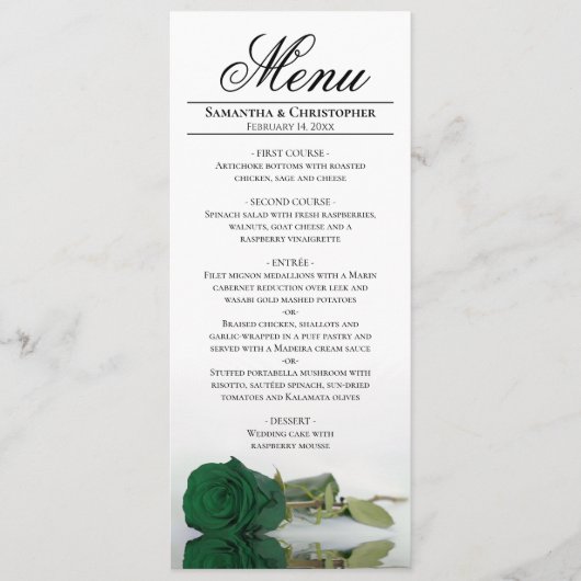 Elegant Emerald Green Roos Reflections Wedding Menu (Voorkant)