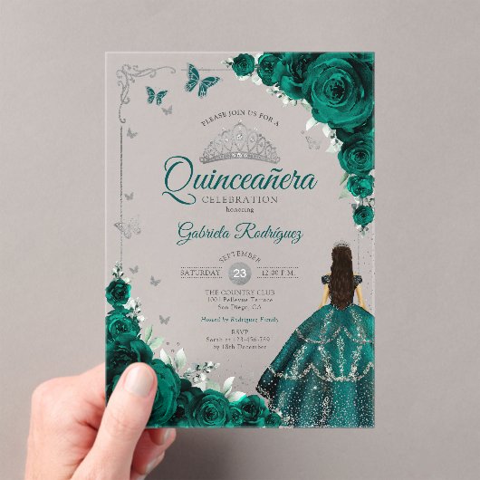 Elegant Emerald Green Roses Silver Quinceanera  Acryl Uitnodigingen (Insitu (Draagbaar))