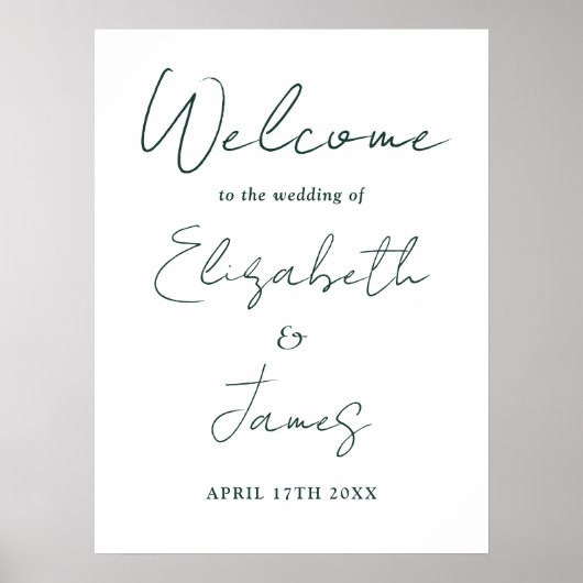 Elegant Emerald Green Script Huwelijkswelkomstbord Poster (Voorkant)