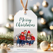 Elegant Emerald Green Script-kerstfoto Cadeaulabel