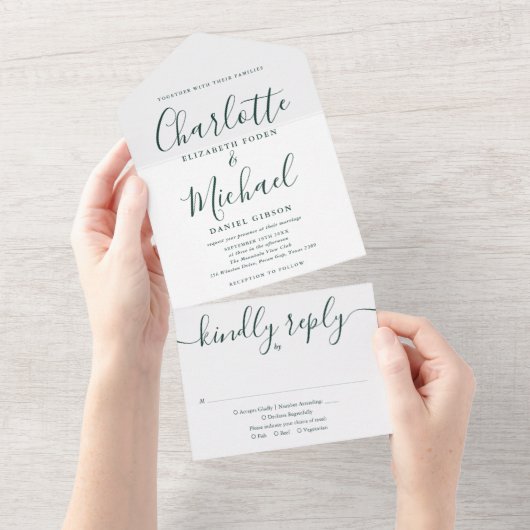 Elegant Emerald Green Script Minimalist Wedding All In One Uitnodiging (Afscheurbaar)