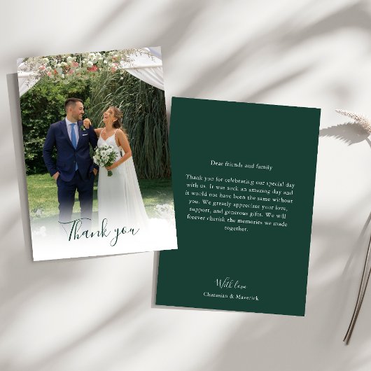 Elegant Emerald Green Script Photo Wedding Bedankkaart