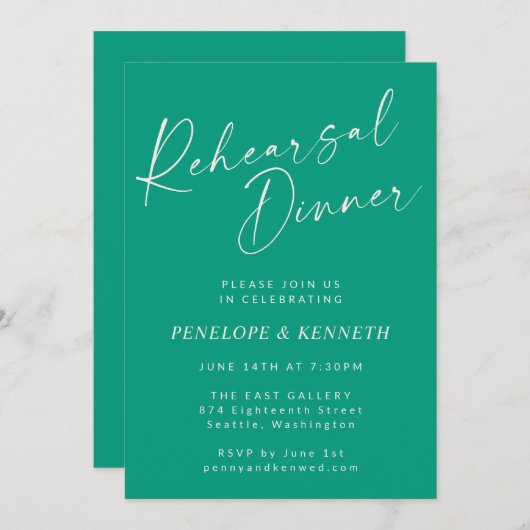 Elegant Emerald Green Script repetitie diner Kaart (Voorkant / Achterkant)