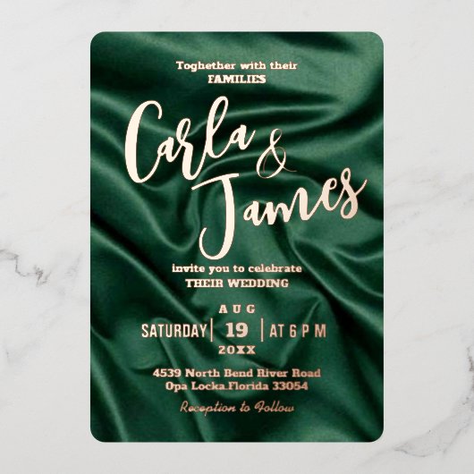 Elegant Emerald Green silk Gold moderne bruiloft Folie Uitnodiging (Voorkant)