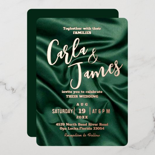Elegant Emerald Green silk Gold moderne bruiloft Folie Uitnodiging (Voorkant / Achterkant)