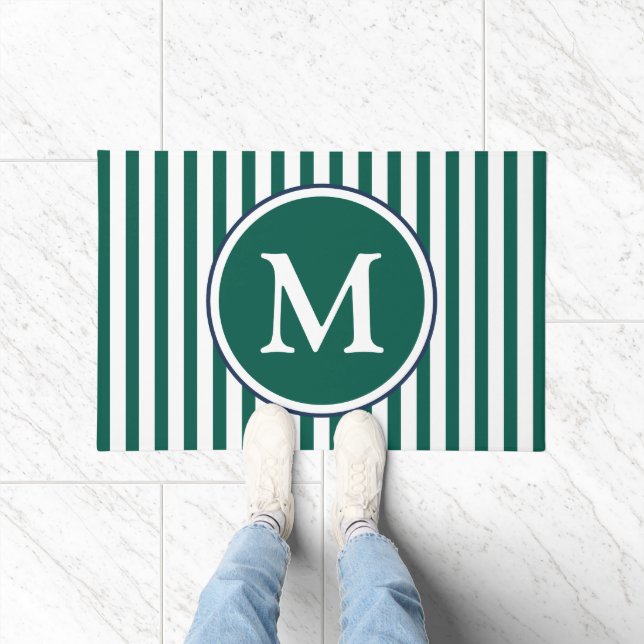 Elegant Emerald Green Stripes Monogram Deurmat (Binnen)