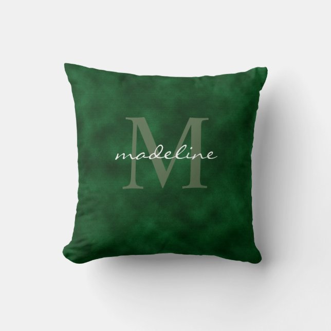 Elegant Emerald Green Velvet Script Monogram Kussen (Voorkant)