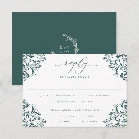 Elegant Emerald Green Vintage Classic Wedding RSVP Kaartje (Voorkant / Achterkant)