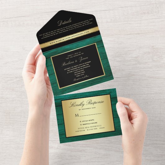 Elegant Emerald Green Wedding All In One Uitnodiging (Afscheurbaar)