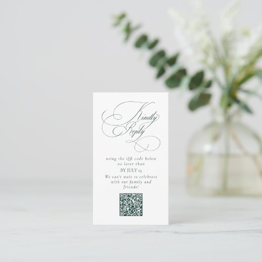 Elegant Emerald Green Wedding QR Code Please Reply Visitekaartje (Staand voorkant)