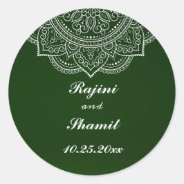 Elegant Emerald Green White Indian Paisley Wedding Ronde Sticker