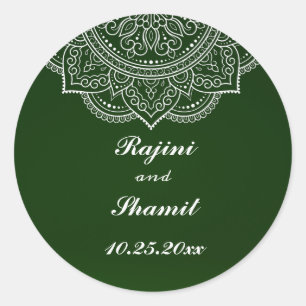 Elegant Emerald Green White Indian Paisley Wedding Ronde Sticker