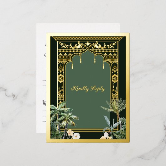 Elegant Emerald Groen Indisch Bruiloft RSVP Briefk Folie Feestdagen Briefkaart (Voorkant / Achterkant)