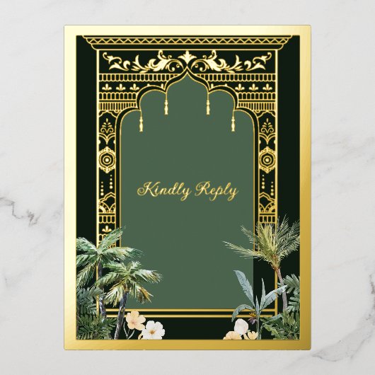 Elegant Emerald Groen Indisch Bruiloft RSVP Briefk Folie Feestdagen Briefkaart (Voorkant)
