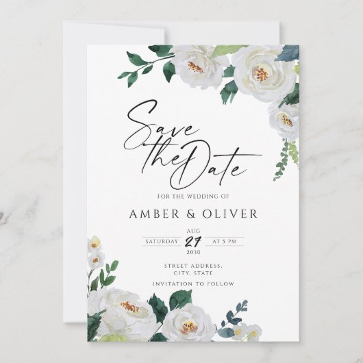 Elegant Emerald Ivory White Floral Save the Date Kaart (Voorkant)