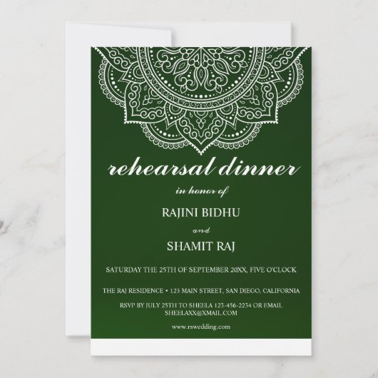 Elegant Emerald Paisley Indian Rehearsal Dinner Kaart (Voorkant)
